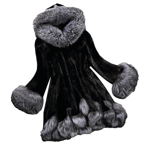 Maiyifu-GJ Women's Warm Faux Fur Coat Elegant Winter Dresses Overcoat Hooded Jackets Long Sleeve Fleece Coats Outerwear