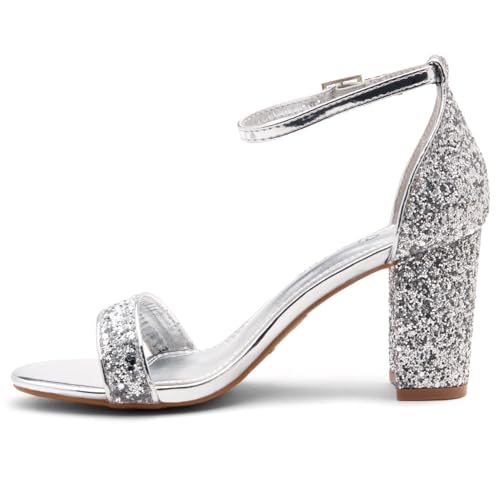 Image of Shoe Land Low Chunky Heels for Women Open Toe Ankle Strap Block Heel Sandals 3 Inch Dressy Heels for Wedding Party Date Night