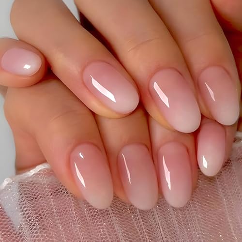 Almond Press on Nails Short Squoval Fake Nails Pink Ombre White F...