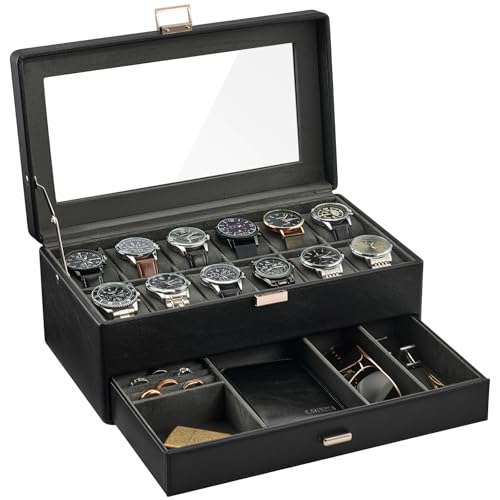 ProCase 12 Slot Watch Box for Men, 2-Layer Watch Display Case with Glass Lid, Watch Holder with Drawer, Jewellery Organiser for Watches Sunglasses Rings Necklaces -Black