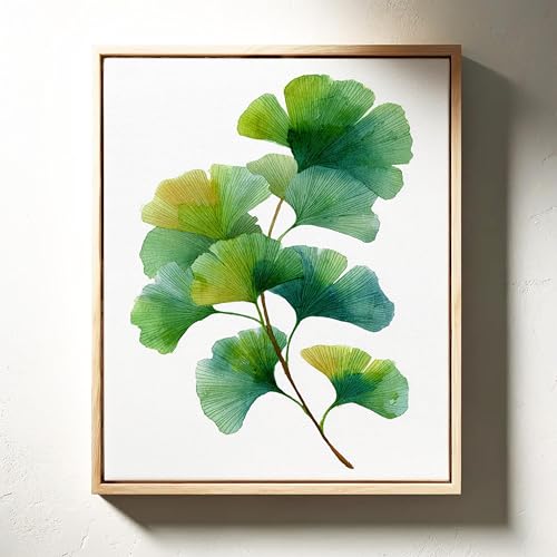Peinture botanique à l'aquarelle sur toile ginkgo vert haut de gamme 70x100 cm