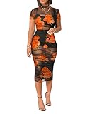 Mojessy See Through Dress for Women Sexy Short Sleeve Mesh Dress Adjustable Strap Top Mini Skirt 3 Piece Outfits Set Large Orange