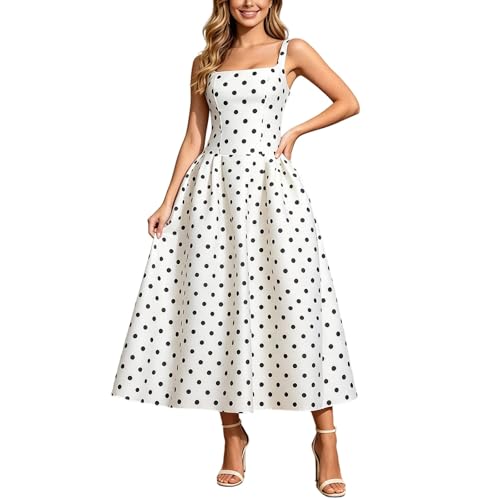 Bauzuoyo Vestido de lunares para mujer, color blanco, festivo, vintage, rockabilly, vestido de cóctel de los años 50, elegante, cintura alta, línea A, vestido de fiesta, sexy, sin mangas, vestido de