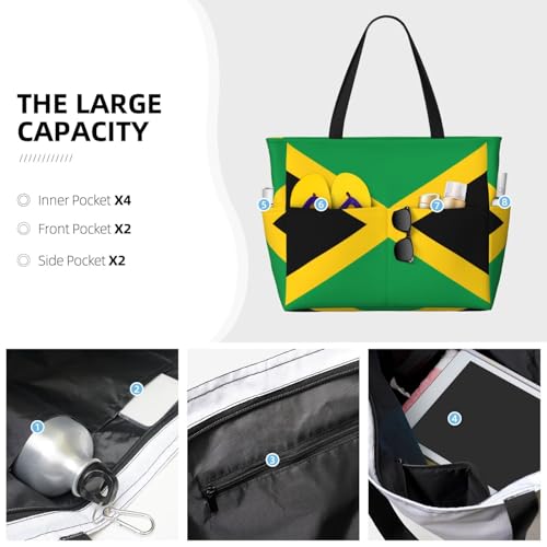 Flag of Jamaica Large capacity beach bag with zipper, perfect for grocery bag pool gym travel shopping foldable beach travel bag,3