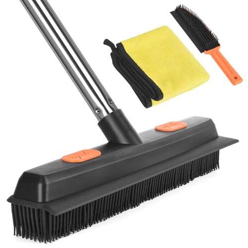 Rubber Broom, 3 in 1 Carpet Pet Hair Broom with Squeegee, Metal Long Handle Silicone Sweeping Brush for Floors