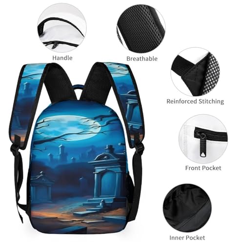 3Pcs Backpack Sets Moonlit Cemetery Print Travel Daypack 3 in 1 Lightweight Backpack Set with Lunch Bag And Cosmetic Bag3