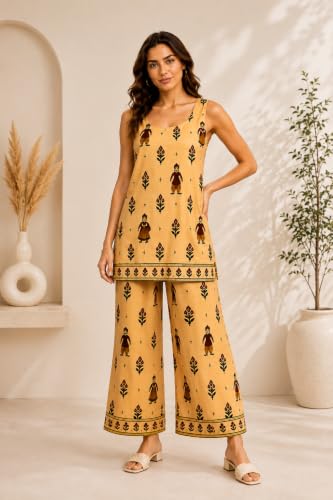 Image of JAIPUR HAND BLOCK Women's Pure Cotton Kurta Palazzo Set salwar suit| Printed Sleeveless Straight Kurta & Matching Palazzo | office Wear | festive (st156-broad)