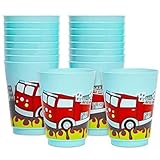 BLUE PANDA Plastic Fire Truck Cups for Kids - 16 Oz, Blue, Pack of 16 - Party Favor Cups for Fire Truck Theme, Reusable & Recyclable