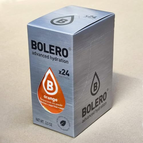 Bolero Drinks, 24 sobres de 3 gramos, sabor a fruta, preparación en polvo soluble en agua para bebidas frescas, 72 gramos, endulzado con stevia (Naranja)