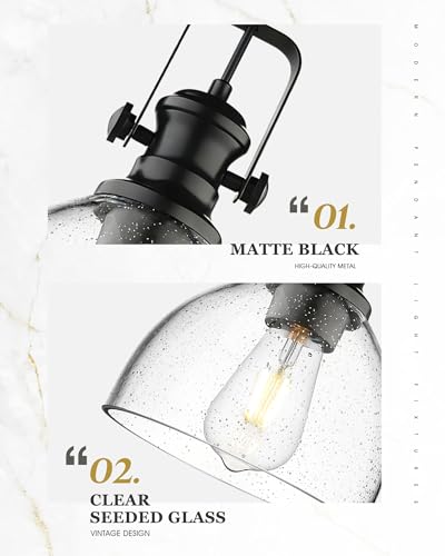 Image of 7.5 inch 2-Pack Black Pendant Lights Kitchen Island, Seeded Glass | Farmhouse Vintage Hanging Light for Dining Room, Clear Seeded Glass Shade, Adjustable Height Rod, E26 Base, AD-22151-1P2-BK-G