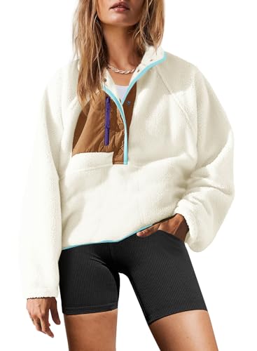 Yanekop Womens Fuzzy Fleece Pullover Sherpa Sweatshirt Long Sleeve Button Down Sweater Winter Fleece Jacket with Pockets(Beige Khaki,S)