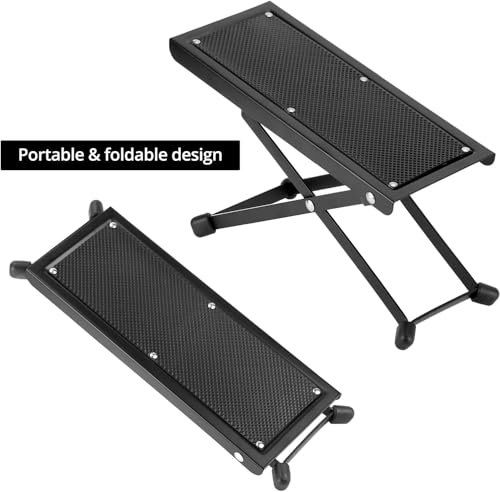 Image of IMAGINEA Adjustable Guitar Foot Rest Stand | Height Adjustment, Anti-Slip Rubber Surface, Foldable Metal Footstool for Acoustic & Electric Guitar Players (Black)