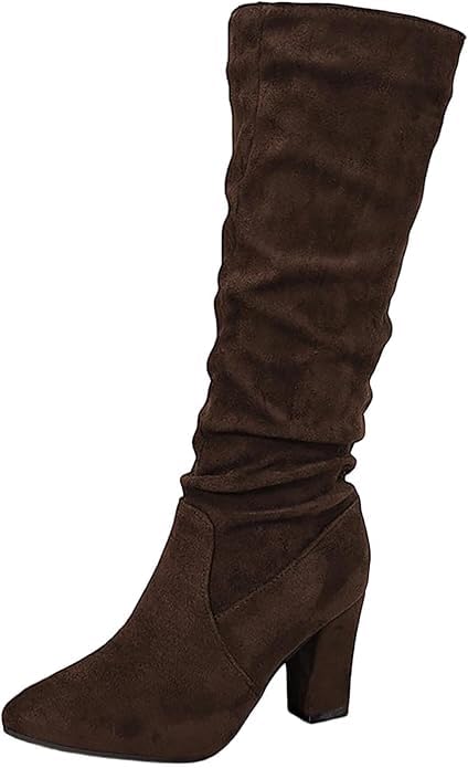 Womens Knee High Suede Boots Chunky Heel Slouchy Boots Side Zipper Pointed Toe Riding Long Boot for Fall