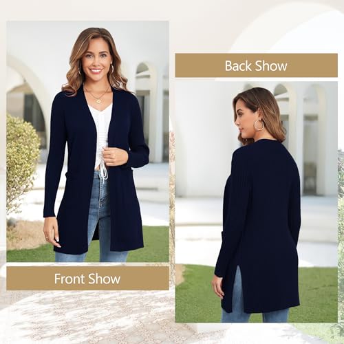 Image of Women's Cardigan Sweaters V-Neck Long Sleeves with Two Pockets Side Split Hem Open Front Knit Casual Cardigan