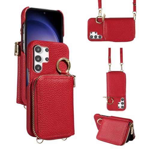 Furiet Wallet Case for Samsung Galaxy S24 Ultra 5G with Shoulder Strap Ring Buckle, Luxury PU Leather Zipper Flip Organ Purse, Card Holder Stand Cell Phone Cover for S24Ultra 24S S 24 24Ultra Red