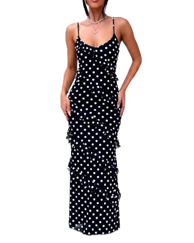 Image of HOCILLE Women's Sexy V Neck Backless Bodycon Spaghetti Strap Elegant Ruffle Maxi Cocktail Party Dresses
