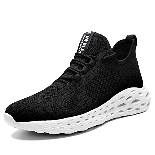 Hetohec Slip On Running Sneakers Men Breathable Lightweight Comfortable Fashion Non Slip Shoes for Men Black/White,12