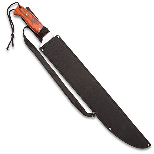 Timber Rattler Full-Tang Jungle Beast Machete And Shoulder Harness Sheath - Stainless Steel Blade, Wooden Handle Scales, Stainless Steel Guard, Lanyard Cord - Knife For Clearing Brush - Length 25" #TOP1
