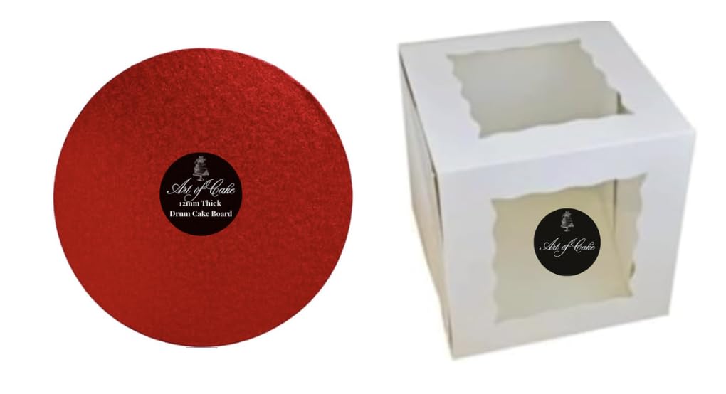 Art of cake ® Drum Cake Board (13mm) & 2 Sided Window Tall Cake Box (Red, 10")