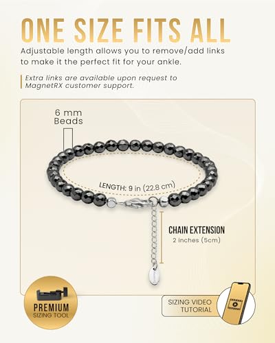 Image of MagnetRX Hematite Magnetic Anklet - Ultra Strength Stones - Elegant Ankle Bracelets for Women - Metallic Black Beaded Hematite Anklets for Women and Men (6mm Faceted Beads)