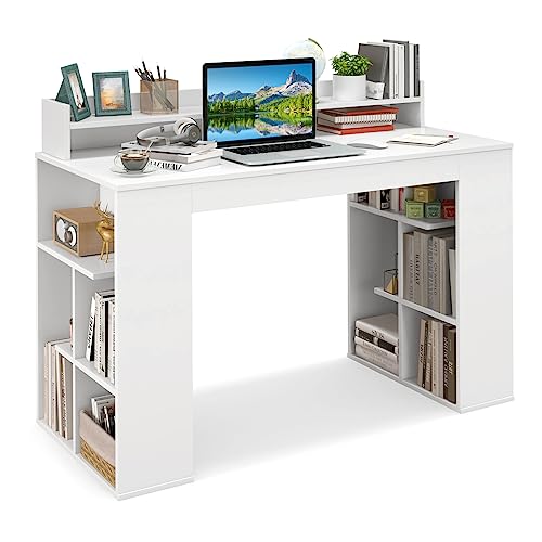 GIANTEX Scrivania con Libreria, Scrivania Moderna con Libreria a Cubi, Tavolo Salvaspazio con Scomparti e Kit Antiribaltamento Adatta a Studio, Ufficio, Camera da Letto, 120 x 54 x 90,5 cm, Bianco