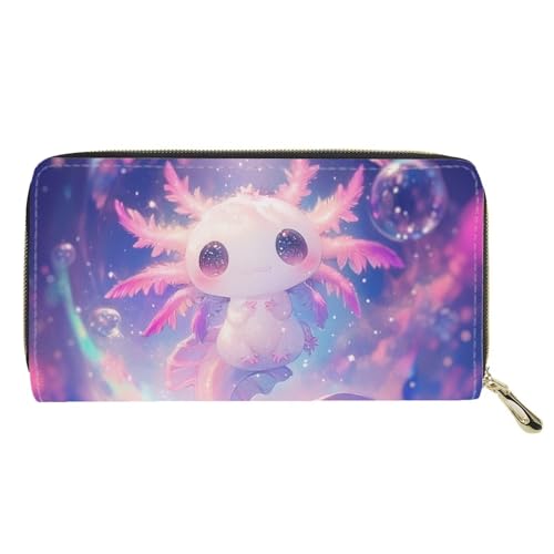 FOR U DESIGNS Starry Axolotl PU Leather Zip Wallet Kawaii Cartoon Print Large Capacity Zippered Purse for Women Cute Handbag Card Holder for Axolotl Lovers3