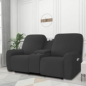 Easy going stretch recliner loveseat cover with center console sofa slipcover soft fitted fleece 2 seats couch with holder and storage washable furniture protector dark gray  urban country home decor