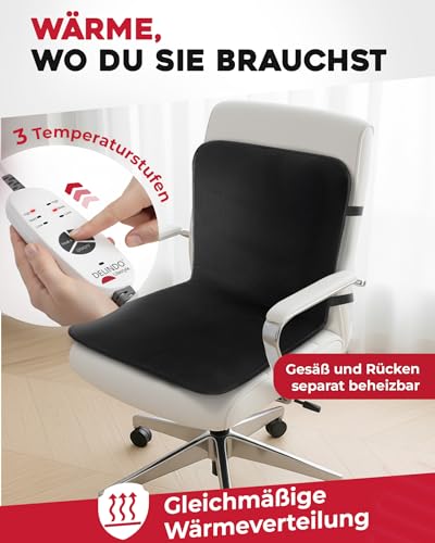 Delindo Lifestyle Beheizbare Bürostuhl Sitzauflage, 43x94 cm, Stuhlkissen für Gesäß und Rücken mit 3 Temperaturstufen, 2 Heizzonen, Schwarz
