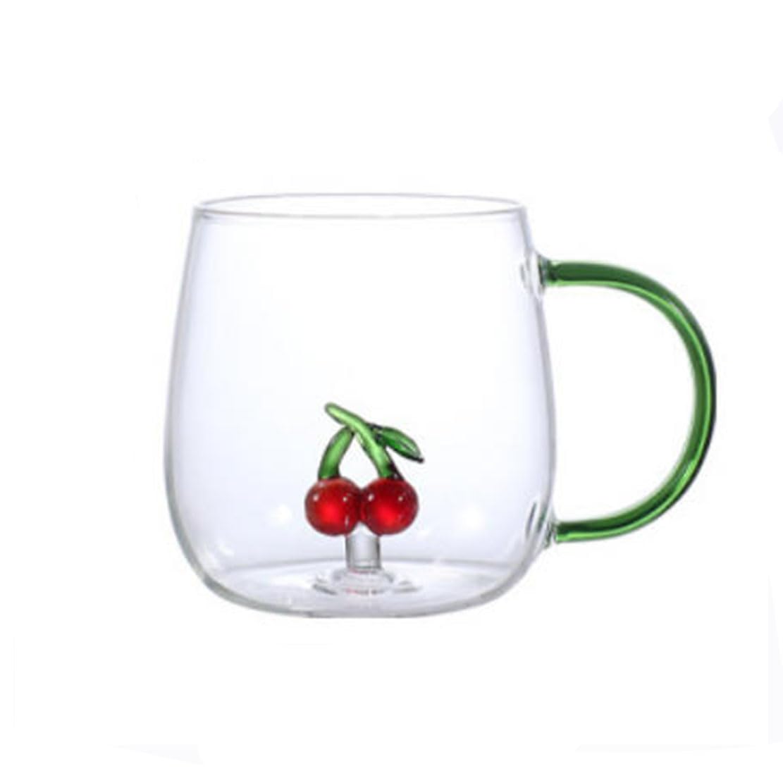JHzood Cute 3D Figurine Glass Mugs with Colorful Handles, High Borosilicate Glass, 400ml, Heat Resistant -10°C to 130°C, Multiple 3D Styles, Suitable for Tea & Coffee (Cherry)