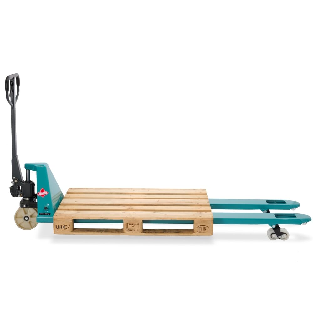Ameise Hubwagen PTM lang | 2.000 kg Tragkraft | 2.000 mm Gabellänge | Lenkrad/Gabelrolle aus verschleißarmen Nylon | Tandem-Gabelrollen | Palettenhubwagen