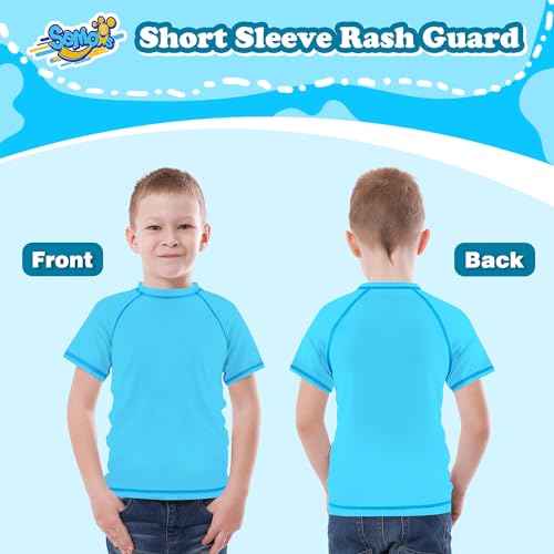 Boys Rash Guard Short Sleeve, Blue Yellow UPF 50+ Sun Protection Rashguard Slim Fit Swim Shirt Fishing Surf Quick Dry Cool Beach Clothes for Toddler Youth Kids Size 2T4