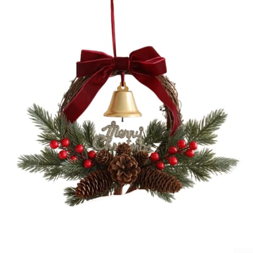 Corona de Navidad, base de ratán, campanas festivas, piñas de pino, bayas, lazo rojo, decoración para interiores y exteriores, 35 cm, rojo, verde, fácil de colgar, puerta, ventana, decoración navideña