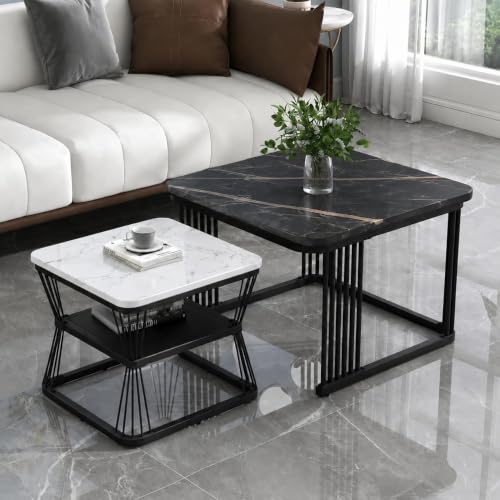 Image of Brown Art Shoppee Set of 2 Modern Coffee Tables with Marble Finish Top, Metal Frame, Nesting Center Table & End Table for Living Room Home Decor (Black & White-Black)