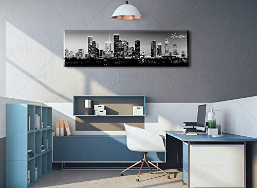 Image of DJSYLIFE Black & White Houston Skyline Canvas Wall Art 13.8 inch x 47.3 inch | Panoramic Skyline Print, Ready to Hang for Bedroom, Office, Living Room Decoration