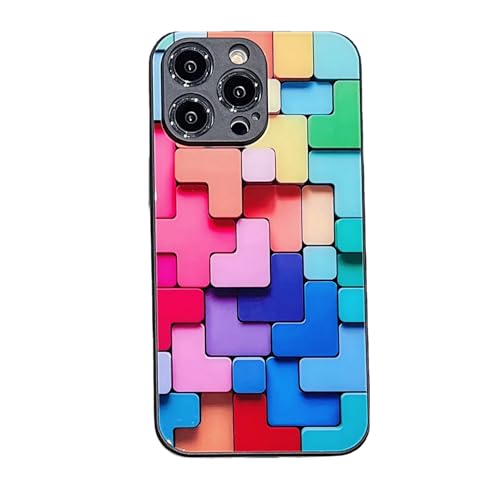WEJDYKG Flat 3D Square Pattern Glass Case Cover for iPhone, Cool Colorful Phone Case with Camera Lens Protector for iPhone 11 12 13 14 15 Pro MAX (for iPhone 11,Pink Edge)