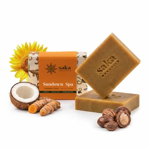 Image of Saka Organics Turmeric Bath Soap with Shea Butter, Pack of 2 (120g Each) | Handmade Cold-Processed Soap | Brightening, Gentle Cleansing & Nourishing | Sulphate & Paraben Free