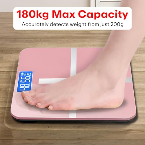 Image of Prime Pick Pro Digital Weight Machine Smart Bathroom Weighing Scale LCD Display Auto Off Temperature Indicator 180kg Capacity Tempered Glass Pink Pack of 1
