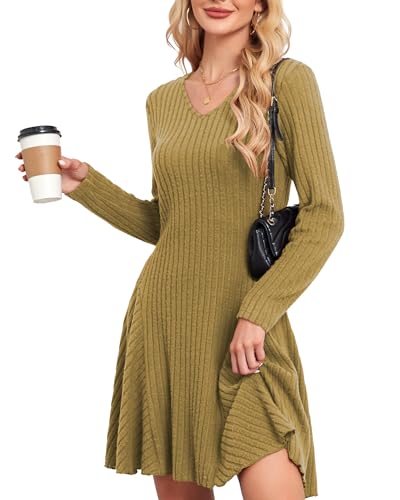 SENBATU Strickkleid Damen Herbst Elegant Pulloverkleid Langarm V-Ausschnitt Winterkleider Einfarbig Gelb XX-Large