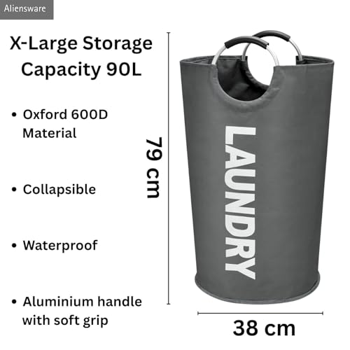 Image of Aliensware Laundry BasketXL 90L with aluminium Handles,Collapsible Laundry Bag Bin Hamper, Water Resistant Oxford cloth bag /Foldable /Clothes Storage Box /Storage Basket /Aliens-(79 X 38cm) Dark Grey
