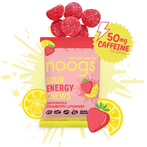 Image of Noogs Sour Energy Chews, Strawberry Lemonade Caffeinated Electrolyte Energy Gummies, 50mg Green Tea Caffeine, Sour Candy Flavored Alternative to Running Gels, Vegan & Gluten Free, 12 Pack