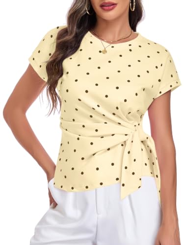 Image of HOTIAN Womens Cap Sleeve T Shirts 2026 Tie Waist Wrap Tops Crew Neck Blouses Dressy Casual Loose Work Business Dressy