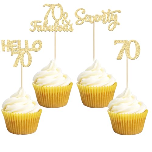 Gyufise 24Pcs Gold Glitter 70th Birthday Cupcake Toppers Hello 70 Seventy Cake Toppers 70 & Fabulous Cupcake Picks for 70th Birthday Cake Decorations Supplies