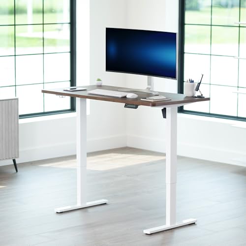 Image of VIVO Rustic Vintage Brown 55 x 28 in Standing Desk, DESK-KIT-1W55N | Electric, Holds 220 lbs, Sit Stand, Height Adjustable, Solid One-Piece Table Top, Memory Presets, 1B Series, White Frame