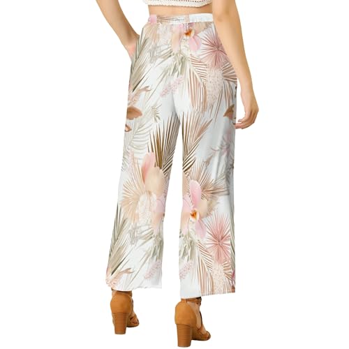 Womens Floral Print Casual Wide Leg Pants High Waisted Drawstring Beach Trousers with Pocket2