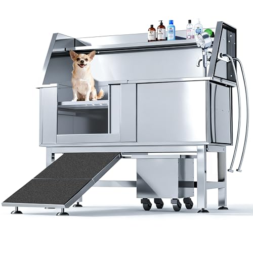 TMGSK 46" Professional Stainless Steel Dog Washing Station, Pet Grooming Bathtub with Ramp and Movable Storage Cabinet, Height Adjustable Dog Bathtub for Large, Medium, Small Dogs.