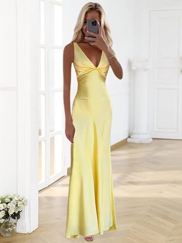 Satin Bridesmaid Dresses for Women V-Neck Halter Long Formal Evening Prom Party Gown2