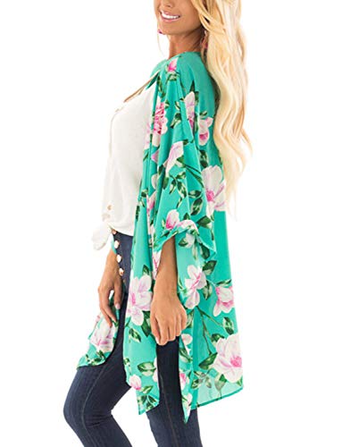 Women's Floral Boho Chiffon Kimono Beach Summer Sheer Cardigans (Green, S)