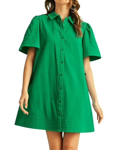 Image of Womens Short Sleeve Button Down Mini Shirt Dress Lapel Collar Short Dresses with Pocket