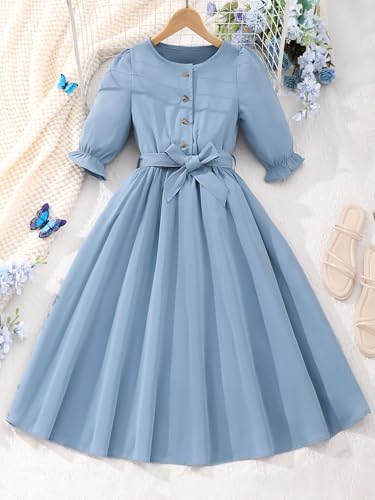 New 8-12Years Girls Midi Dress Puff Sleeve A-Line Tie Waist Button Front Casual Party School3