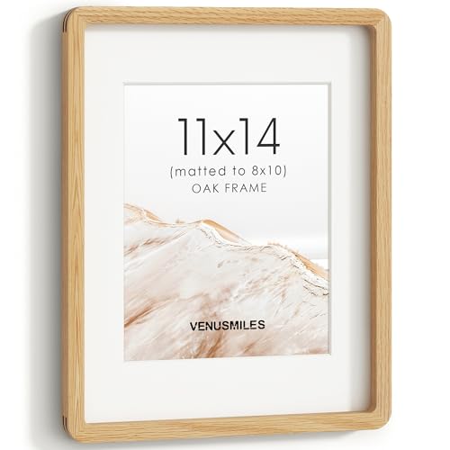 Image of 11x14 Picture Frame, USA-Sourced Natural Oak Wood Photo Collage Frame with HD Tempered Glass, 11 x 14 Wooden Frame Matted to 8x10, Vertical & Horizontal Wall Hanging Display